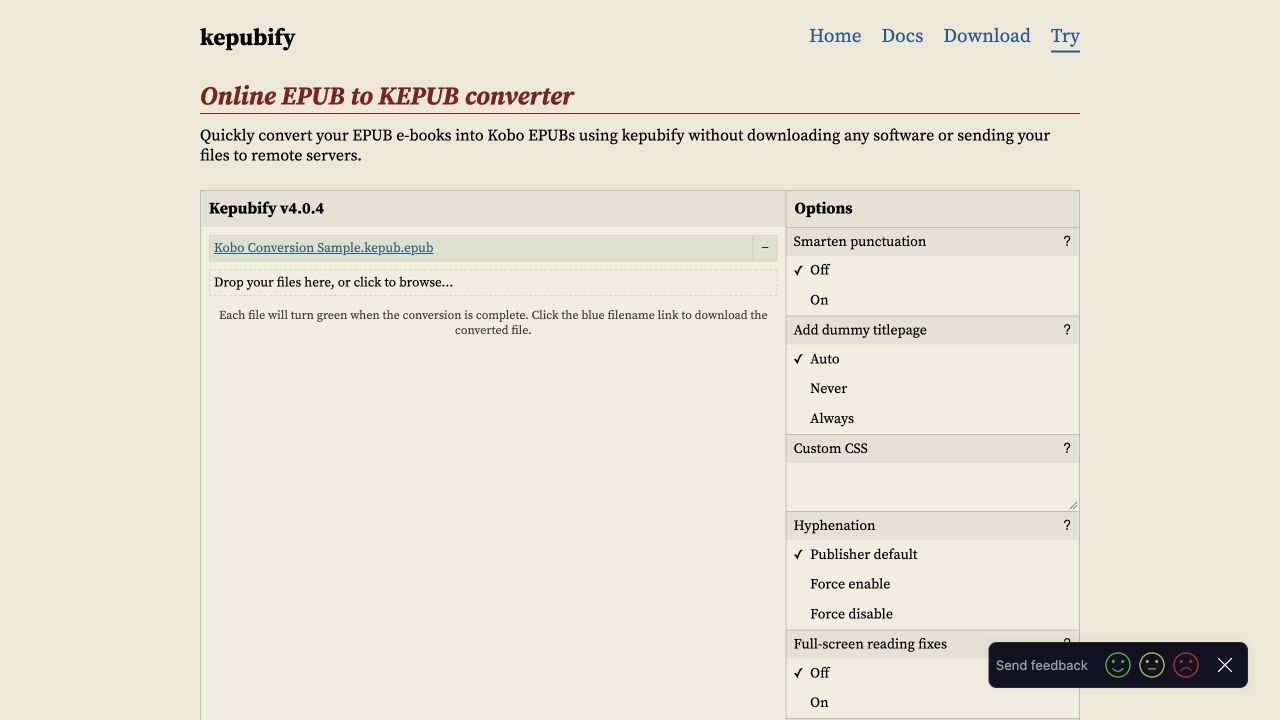 Die kepubify-Web-App zeigt das konvertierte Beispiel zum Download bereit